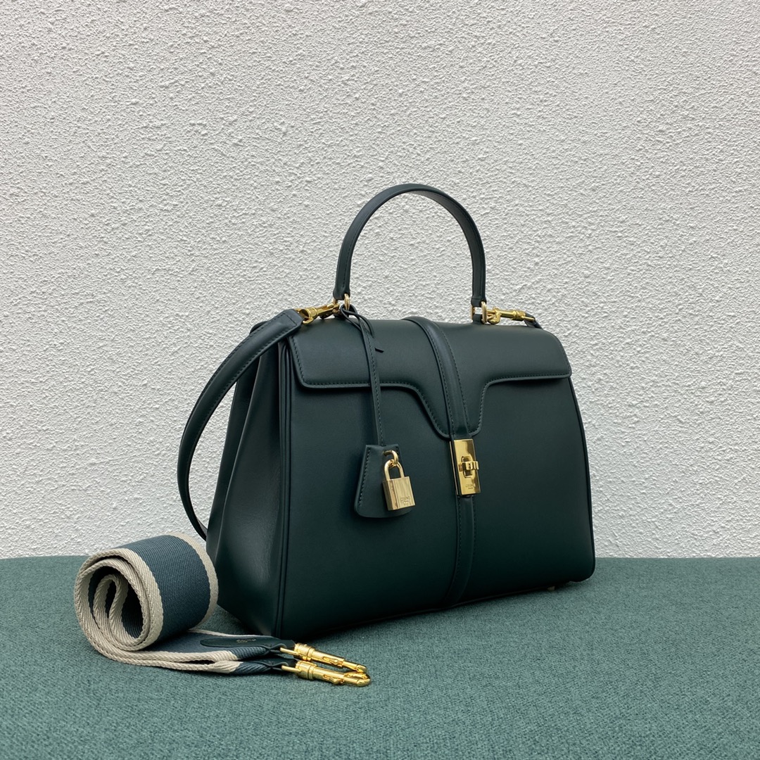 Celine Classique 16 Satinated Calfskin Handbag Shoulder Bag Dark Green 187373